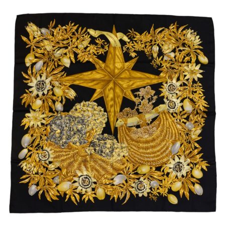Mint! Hermes Silk Scarf Carre 90 "PASSIFLORES" Black Silk Scarf