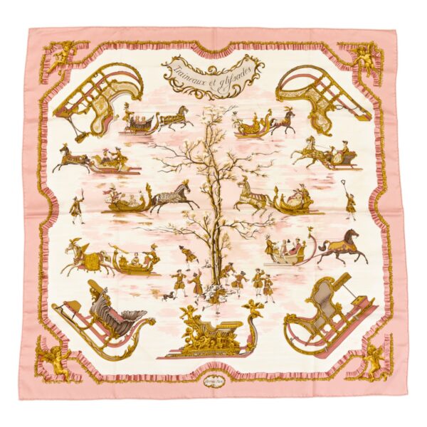 Hermes Silk Scarf Carre 90 "Traineaux et glifsades" Pink Silk Scarf
