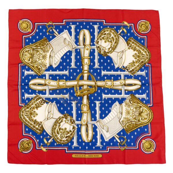 Hermes Silk Scarf Carre 90 "SELLES A HOUSSE" Red Silk Scarf