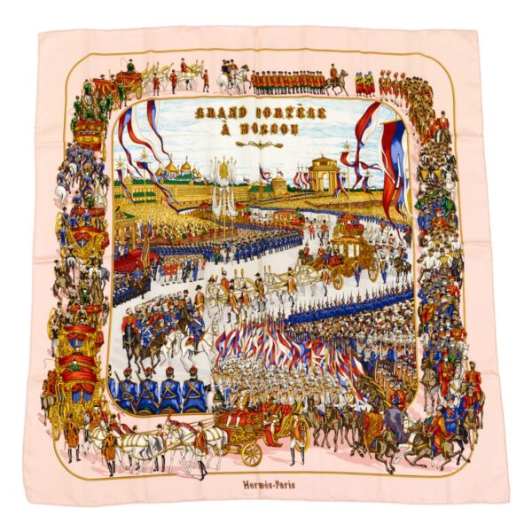 Hermes Silk Scarf Carre 90 "GRAND CORTEGE A MOSCOU" Pink Silk Scarf