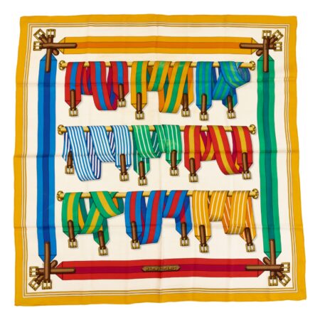 Hermes Silk Scarf Carre 90 "Les Sangles" Yellow Silk Scarf