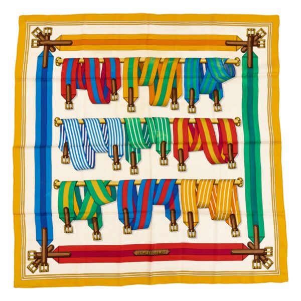 Hermes Silk Scarf Carre 90 "Les Sangles" Yellow Silk Scarf