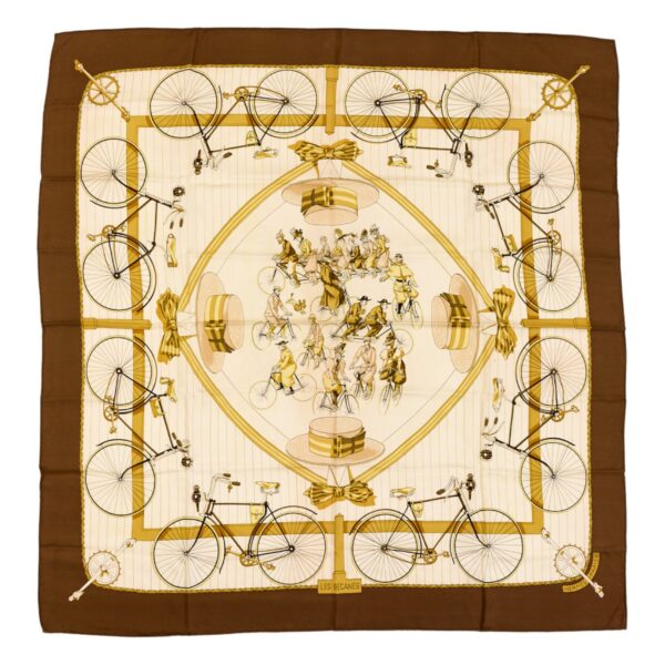 Hermes Silk Scarf Carre 90 "LES BECANES" Brown Silk Scarf