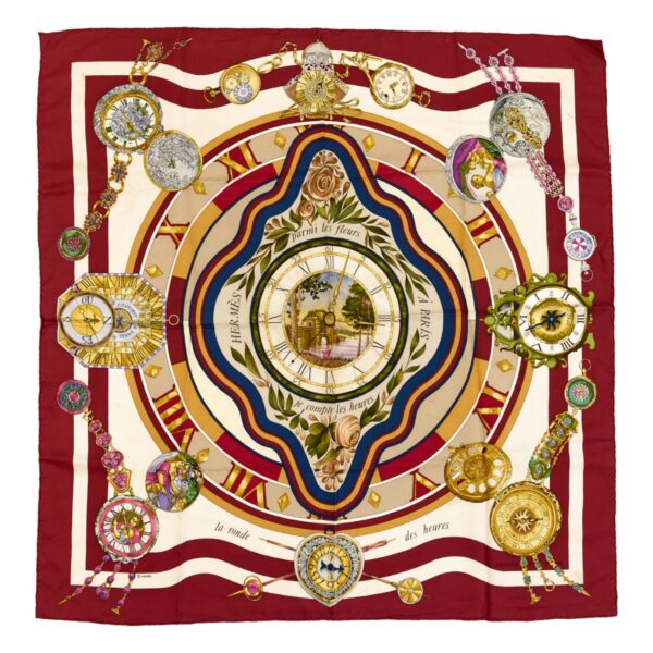 Hermes Silk Scarf Carre 90 "parmi les fleurs je compte les heures" Red Silk Scarf