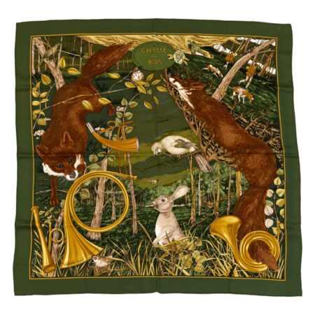 Hermes Silk Scarf Carre 90 "CHASSE au BOIS" Green Silk Scarf