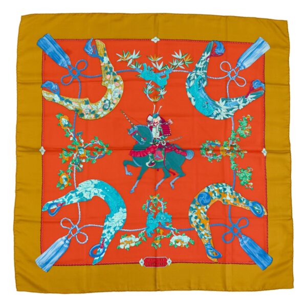 Hermes Silk Scarf Carre 90 "SAMOURAI" Yellow Silk Scarf