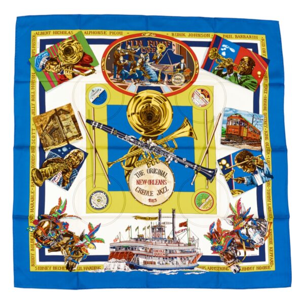 Hermes Silk Scarf Carre 90 "The Original New Orleans Creole Jazz 1923" Blue Silk Scarf