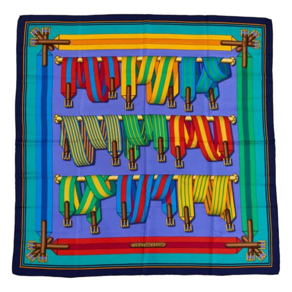 Hermes Silk Scarf Carre 90 "Les Sangles" Blue Silk Scarf