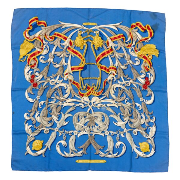 Hermes Silk Scarf Carre 90 "LE MORS A LA CONETABLE" Blue Silk Scarf (B-)