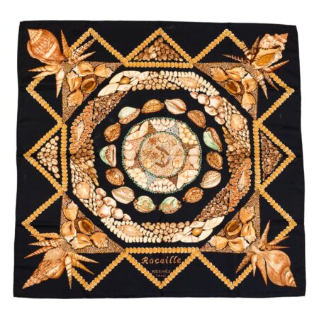 Rare! Mint! Hermes Silk Scarf Carre 90 "Rocaille" Black Silk Scarf