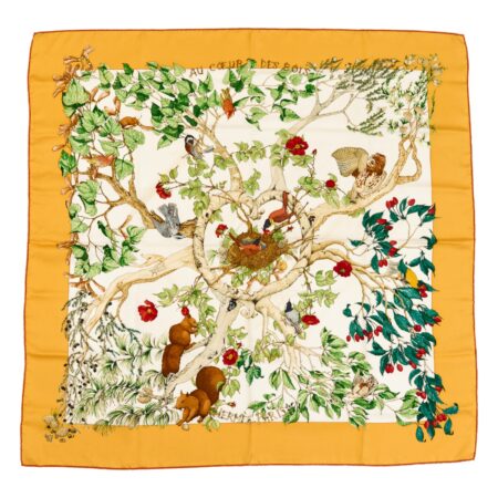 Hermes Silk Scarf Carre 90 "AU COEUR DES BOIS" Yellow Silk Scarf