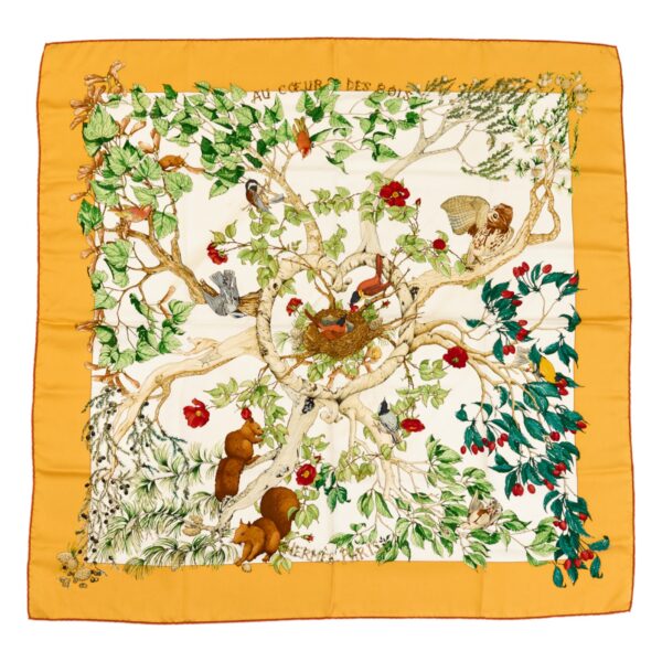 Hermes Silk Scarf Carre 90 "AU COEUR DES BOIS" Yellow Silk Scarf