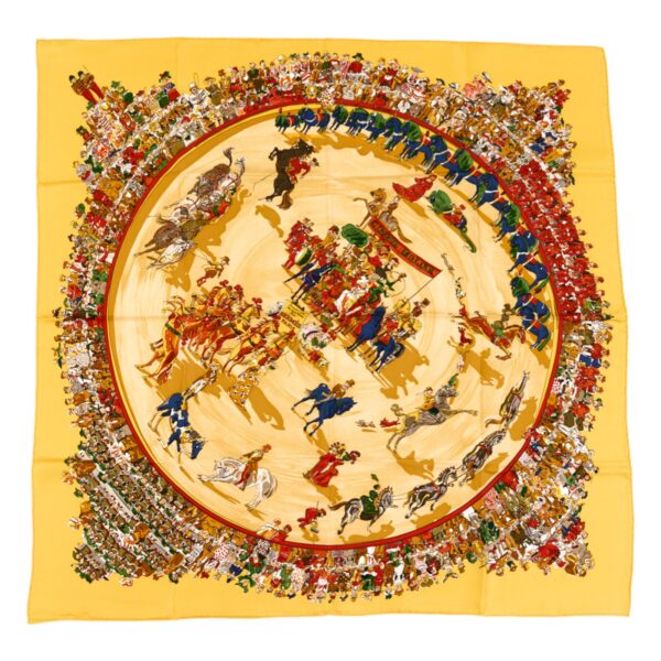 Hermes Silk Scarf Carre 90 "CIRQUE MOLIER" Yellow Silk Scarf