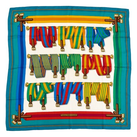 Hermes Silk Scarf Carre 90 "Les Sangles" Blue Silk Scarf