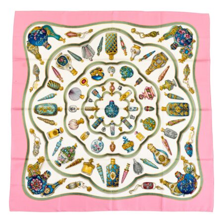 Hermes Silk Scarf Carre 90 "Qu'Importe Le Flacon" Pink Silk Scarf