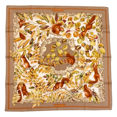 Hermes Silk Scarf Carre 90 "Casse Noisette Squirrel" Brown Silk Scarf