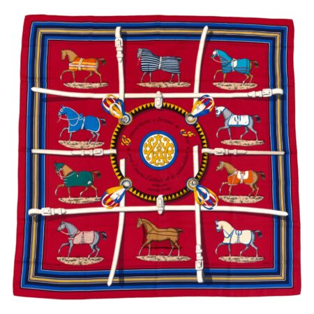 Hermes Silk Scarf Carre 90 "Couvertures et Tenues de Jour" Red Silk Scarf