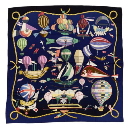 Hermes Silk Scarf Carre 90 "Les folies du Ciel" Blue Silk Scarf