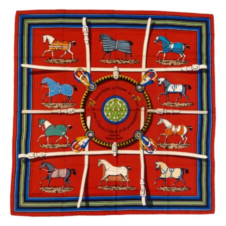 Hermes Silk Scarf Carre 90 "Couvertures et Tenues de Jour" Red Silk Scarf
