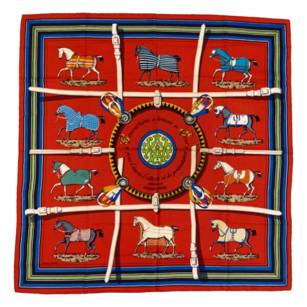 Hermes Silk Scarf Carre 90 "Couvertures et Tenues de Jour" Red Silk Scarf