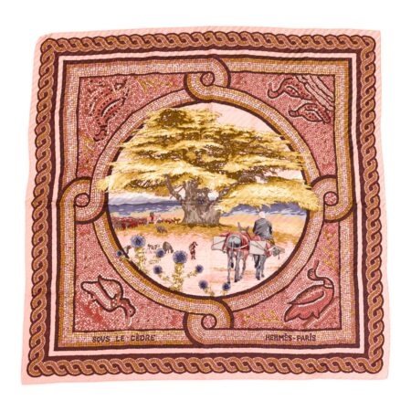 Hermes Silk Scarf Carre 90 "SOUS LE CEDRE" Pink Silk Pleats Scarf