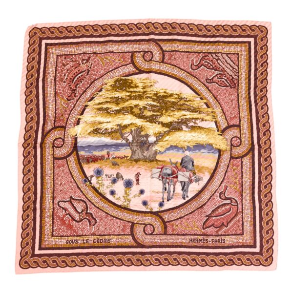 Hermes Silk Scarf Carre 90 "SOUS LE CEDRE" Pink Silk Pleats Scarf