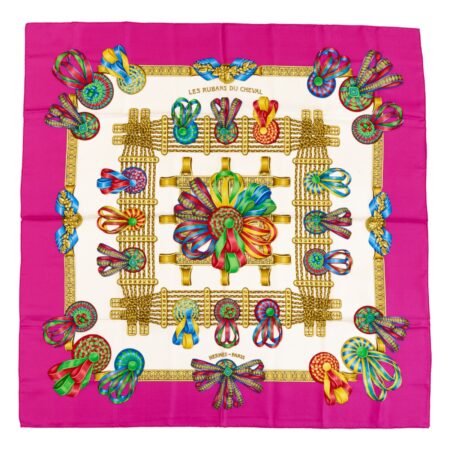 Hermes Silk Scarf Carre 90 "Les Rubans du Cheval" Pink Silk Scarf