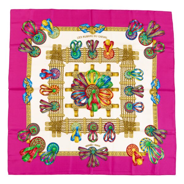Hermes Silk Scarf Carre 90 "Les Rubans du Cheval" Pink Silk Scarf
