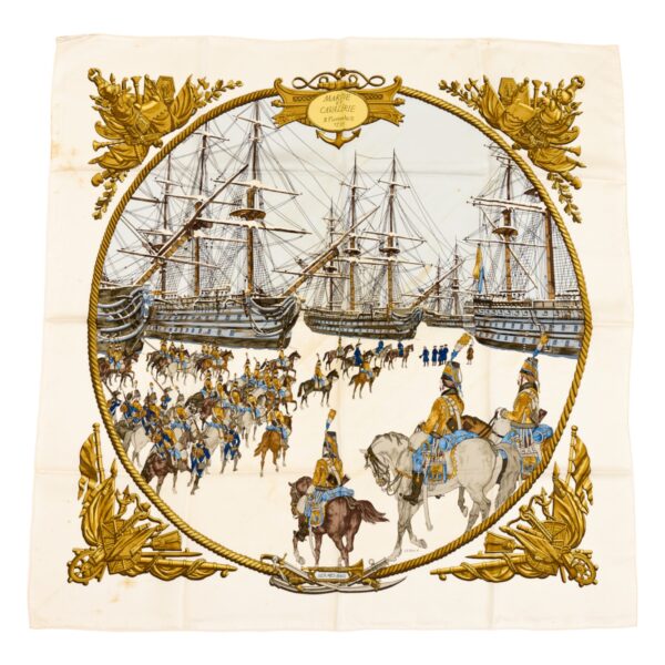 Bad! Hermes Silk Scarf Carre 90 "Marine et Cavalerie" White Silk Scarf