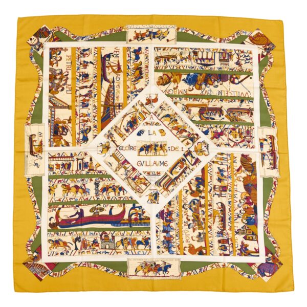 Hermes Silk Scarf Carre 90 "A LA GLOIRE DE GVILLAVME" Yellow Silk Scarf