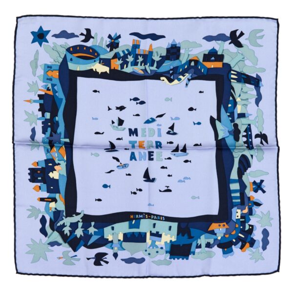 Hermes Silk Scarf Carre 45 "MEDI TERR ANEE" Blue Silk Scarf