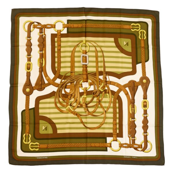 Hermes Silk Scarf Carre 90 "Coaching" Green Silk Scarf
