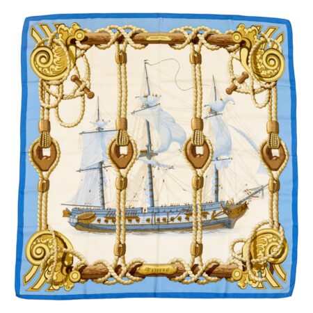 Hermes Silk Scarf Carre 90 "Tribord" Blue Silk Scarf