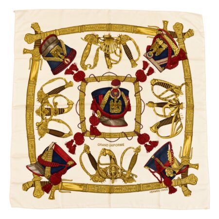 Hermes Silk Scarf Carre 90 "GRAND UNIFORME" White Silk Scarf