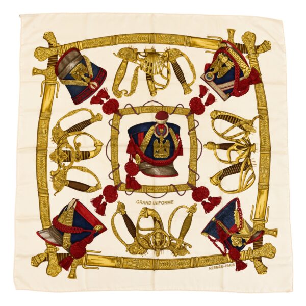 Hermes Silk Scarf Carre 90 "GRAND UNIFORME" White Silk Scarf