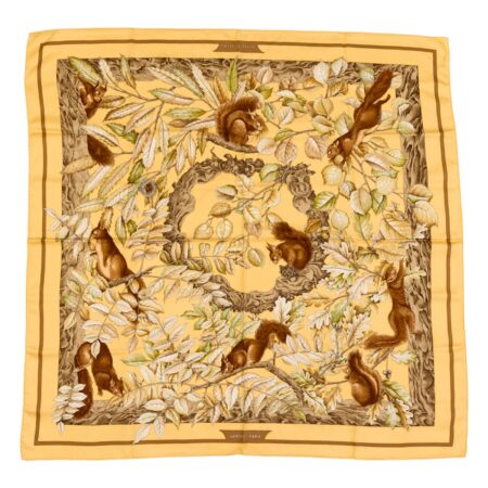 Hermes Silk Scarf Carre 90 "Casse Noisette Squirrel" Yellow Silk Scarf