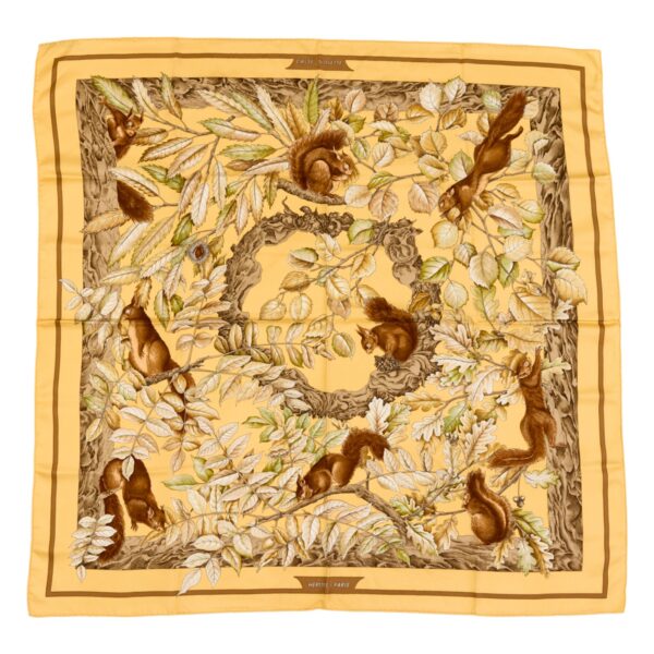 Hermes Silk Scarf Carre 90 "Casse Noisette Squirrel" Yellow Silk Scarf