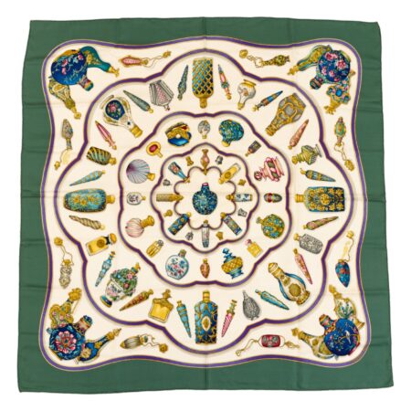 Hermes Silk Scarf Carre 90 "Qu'Importe Le Flacon" Green Silk Scarf