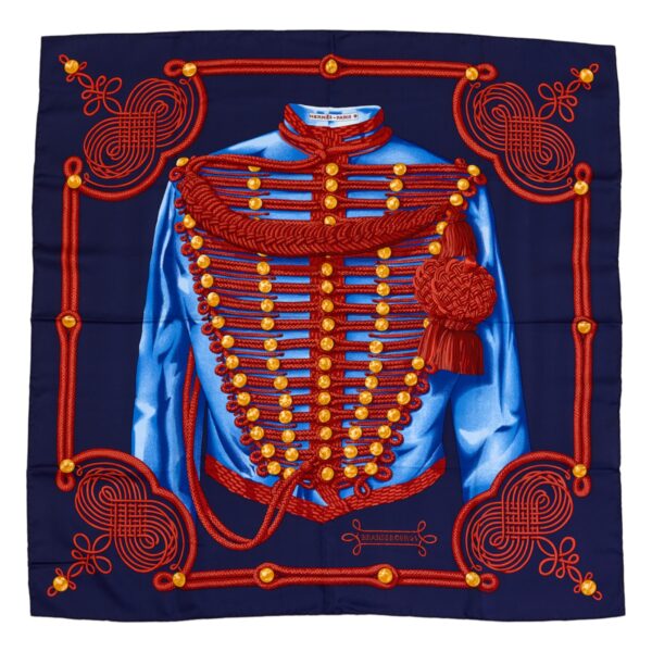 Hermes Silk Scarf Carre 90 "Brandebourgs" Blue Silk Scarf