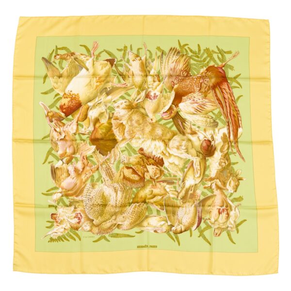 Hermes Silk Scarf Carre 90 "Gibiers" Yellow Silk Scarf