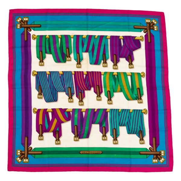 Hermes Silk Scarf Carre 90 "Les Sangles" Pink Silk Scarf