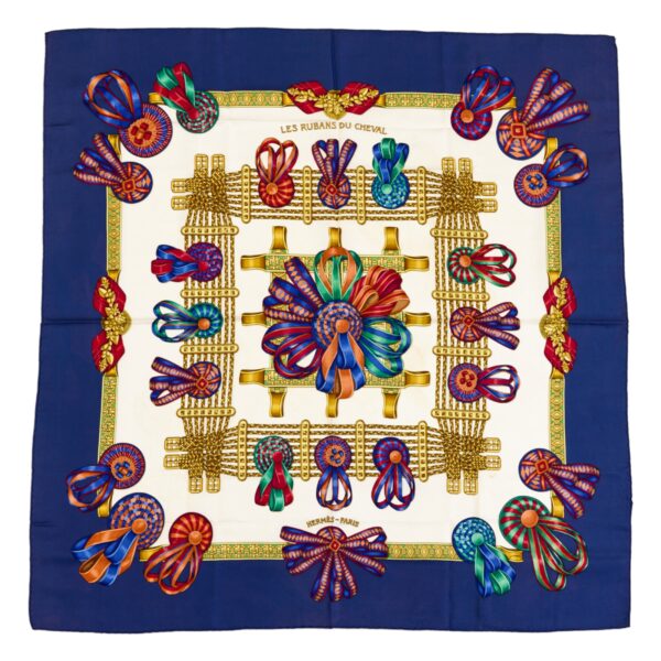 Hermes Silk Scarf Carre 90 "Les Rubans du Cheval" Blue Silk Scarf