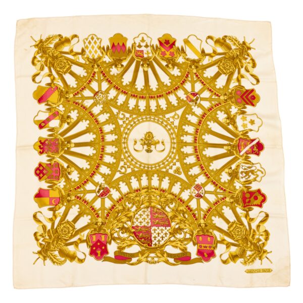 Bad! Hermes Silk Scarf Carre 90 "BRITISH HERALDRY" White Silk Scarf