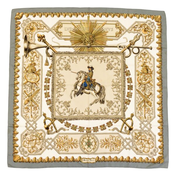 Hermes Silk Scarf Carre 90 "LVDOVICVS MAGNVS" Grey Silk Scarf