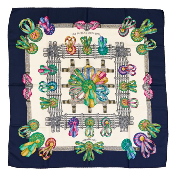 Hermes Silk Scarf Carre 90 "Les Rubans du Cheval" Blue Silk Scarf