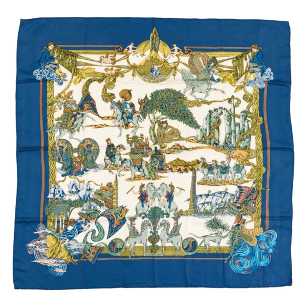 Hermes Silk Scarf Carre 90 "Au FIL de la SOIE" Blue Silk Scarf