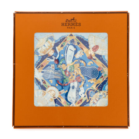 Rare! Hermes Silk Scarf Carre 90 "Mon Ami Pierrot" Blue Silk Scarf