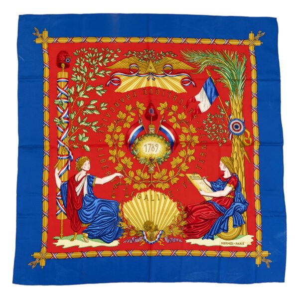 Hermes Silk Scarf Carre 90 "LIBERTE EGALITE FRATERNITE REPUBLIQUE FRANCAISE" Blue Silk Scarf