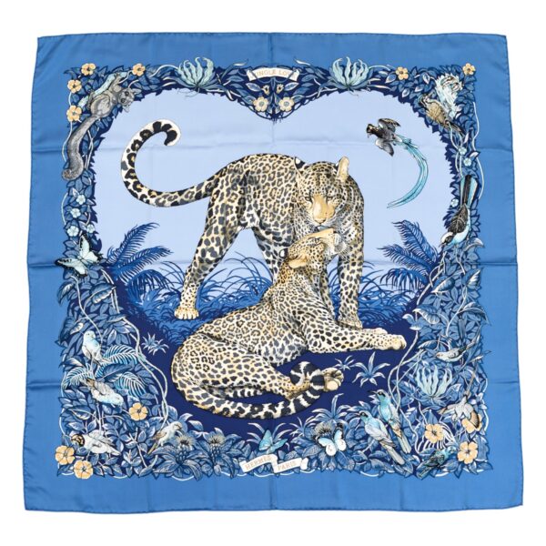 Hermes Silk Scarf Carre 90 "JUNGLE LOVE" Blue Silk Scarf