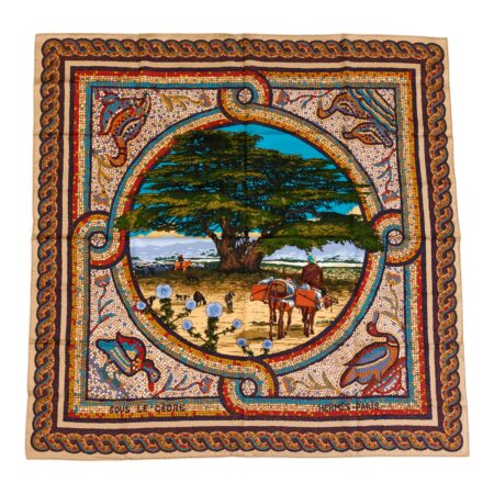 Hermes Silk Scarf Carre 90 "SOUS LE CEDRE" Beige Silk Scarf